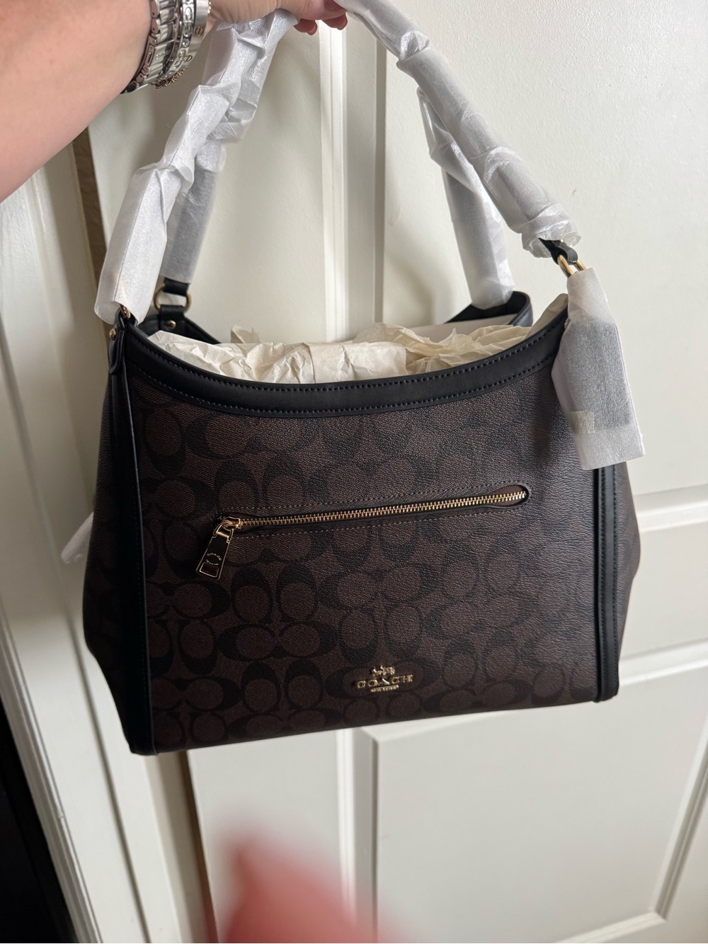 Coach Brown Signature Canvas Shoulder Bag with Black Trim - Picture 1 of 5